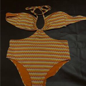 aerie Bright Orange Striped Cutout One-Piece Swimsuit